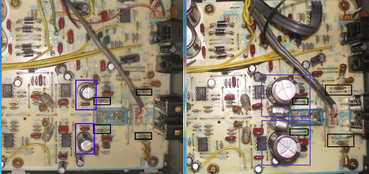 En bleu à changer , en noir à retirer <br />2 Condensateur polarisé SILMIC II -470µF - 25V et 4  Condensateur Styroflex - 10nF -125V (montés en parallèle)