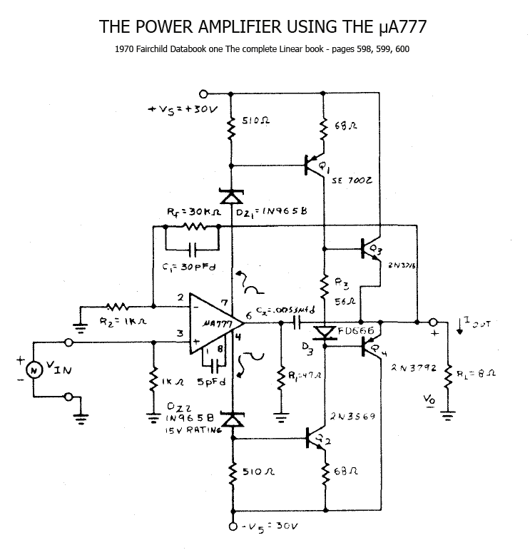 Fairchild - 1970 - The Power Amplifier Using the µA777 (schéma).png