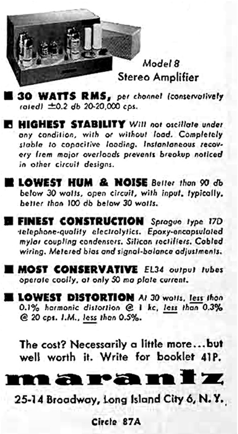 Extrait d'une publicité de Marantz.co ''there is NO equal to Marantz'', Audio Engineering, Février 1961, p.94