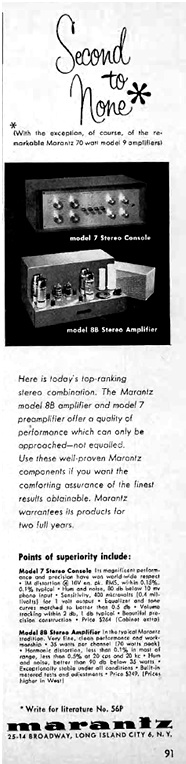 Extrait d'une publicité de Marantz.co ''Second to None'', Audio Engineering, Septembre 1961, p.91 <br /><br />C'est la première apparition du model 8B dans le magazine Audio Engineering.